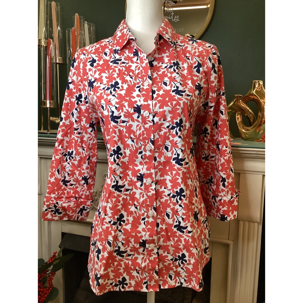 Chicos Coral Navy Floral Button Down Shirt 3/4 Sleeve Size 6 Small‎